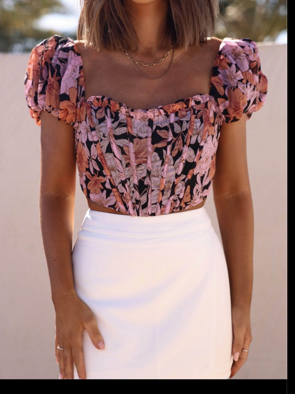 Floral Puff Sleeve corset Square Neck Crop Top - Black with Pink floral